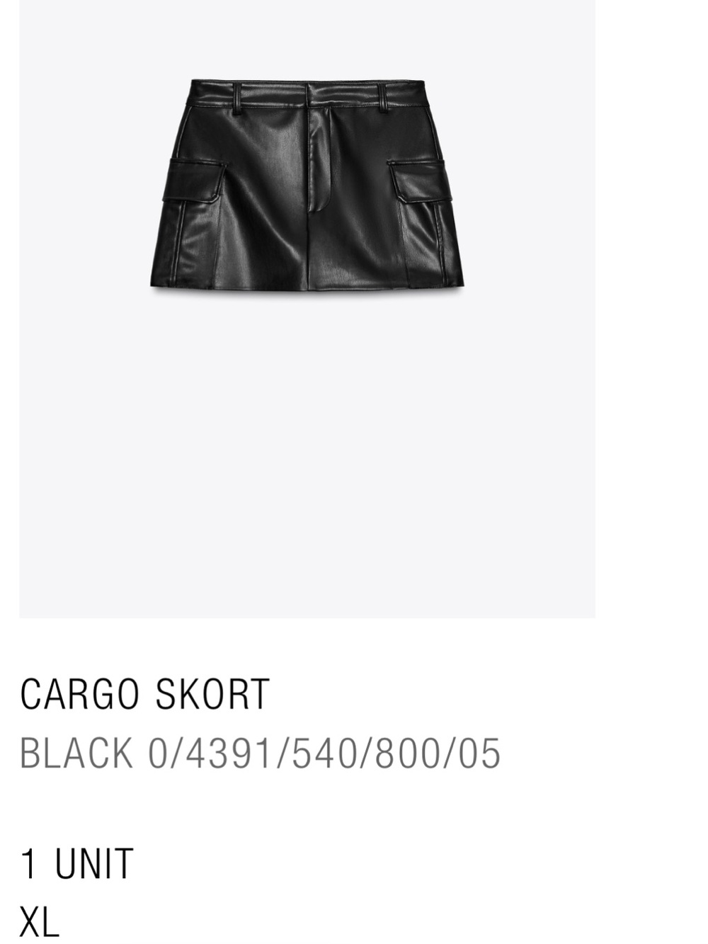 Zara Black Faux Leather Cargo Skort